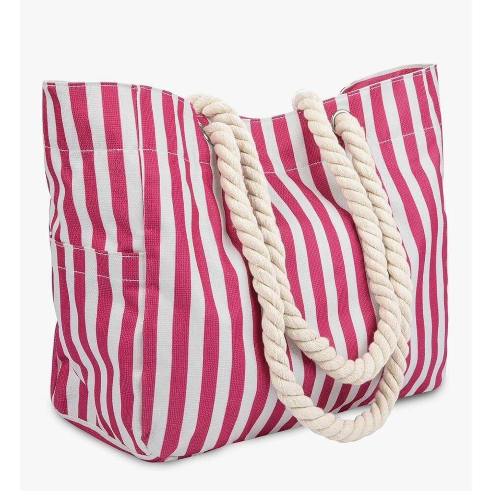 OdyseaCo Pink Stripe Canvas Beach Bag & Pool Bag - Large Beach Bags